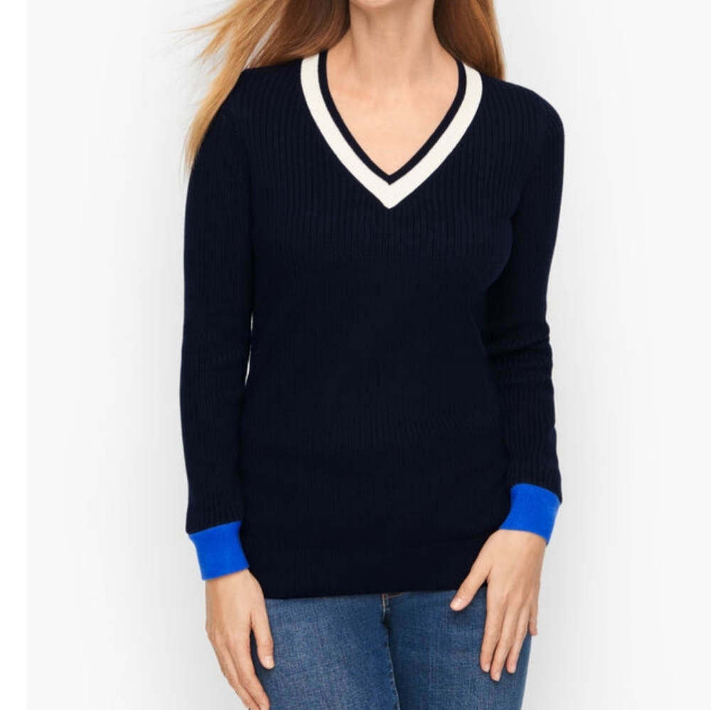 Talbots Tipped V-Neck Ribbed Long Sleeve Sweater